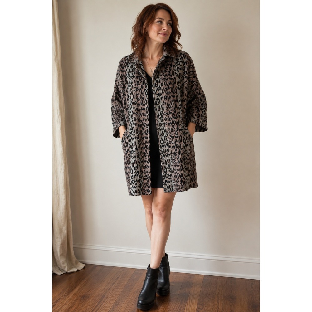 Twiggy London Wool Blend Leopard Print Coat M Gray Oversized Animal Print Jacket